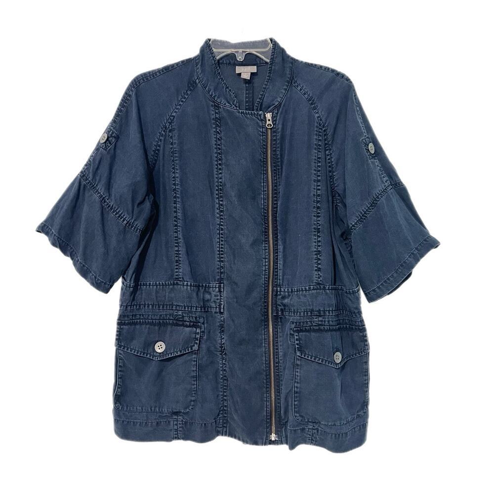 J Jill Utility Chore Jacket Women M Blue Chambray 100% Tencel Roll Tab Sleeve